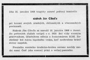 Smútočné oznámenie o tragickom úmrtí Jána Cibuľu uverejnené v časopise Náš poštár č. 1/1949. Poštové múzeum Banská Bystrica 