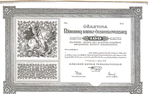 Účastina Národnej banky československej na 100 zlatých dolárov U.S.A